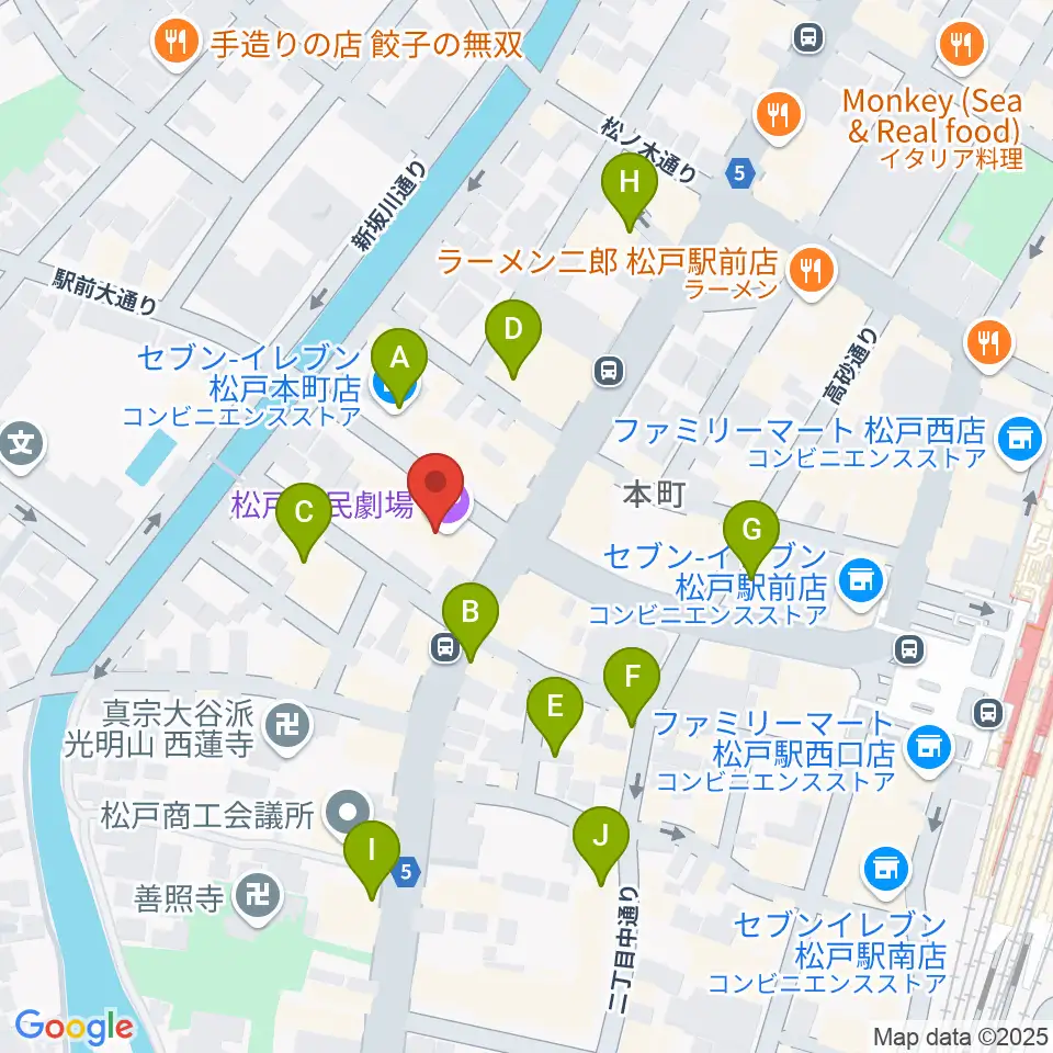 松戸市民劇場周辺のカフェ一覧地図