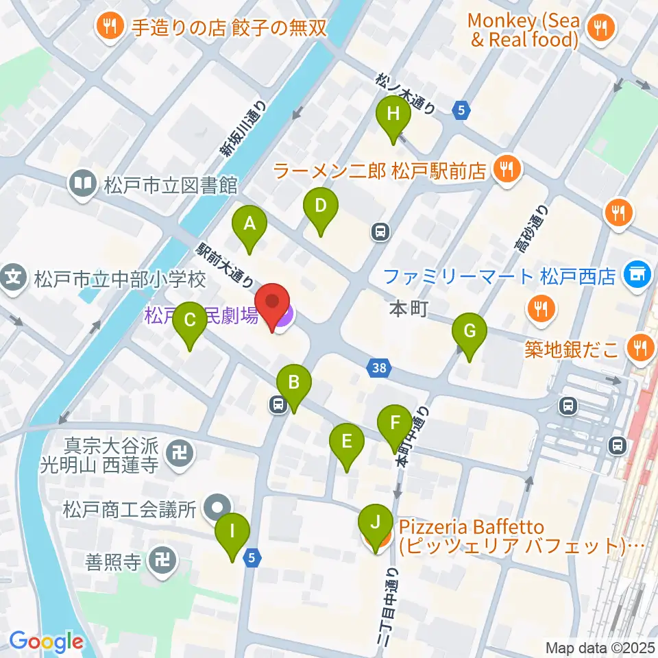 松戸市民劇場周辺のカフェ一覧地図