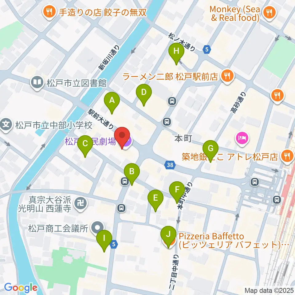 松戸市民劇場周辺のカフェ一覧地図