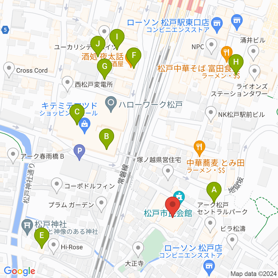 松戸市民会館周辺のカフェ一覧地図