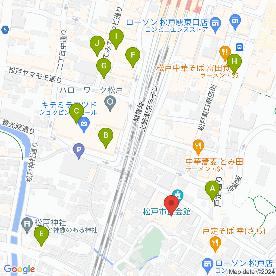 松戸市民会館周辺のカフェ一覧地図