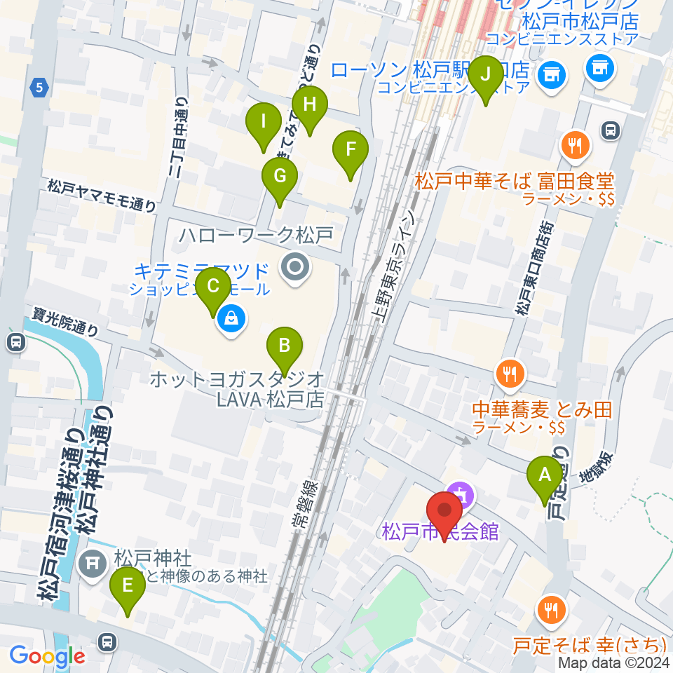 松戸市民会館周辺のカフェ一覧地図