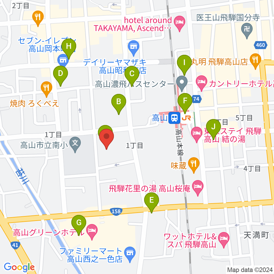 高山市民文化会館周辺のカフェ一覧地図