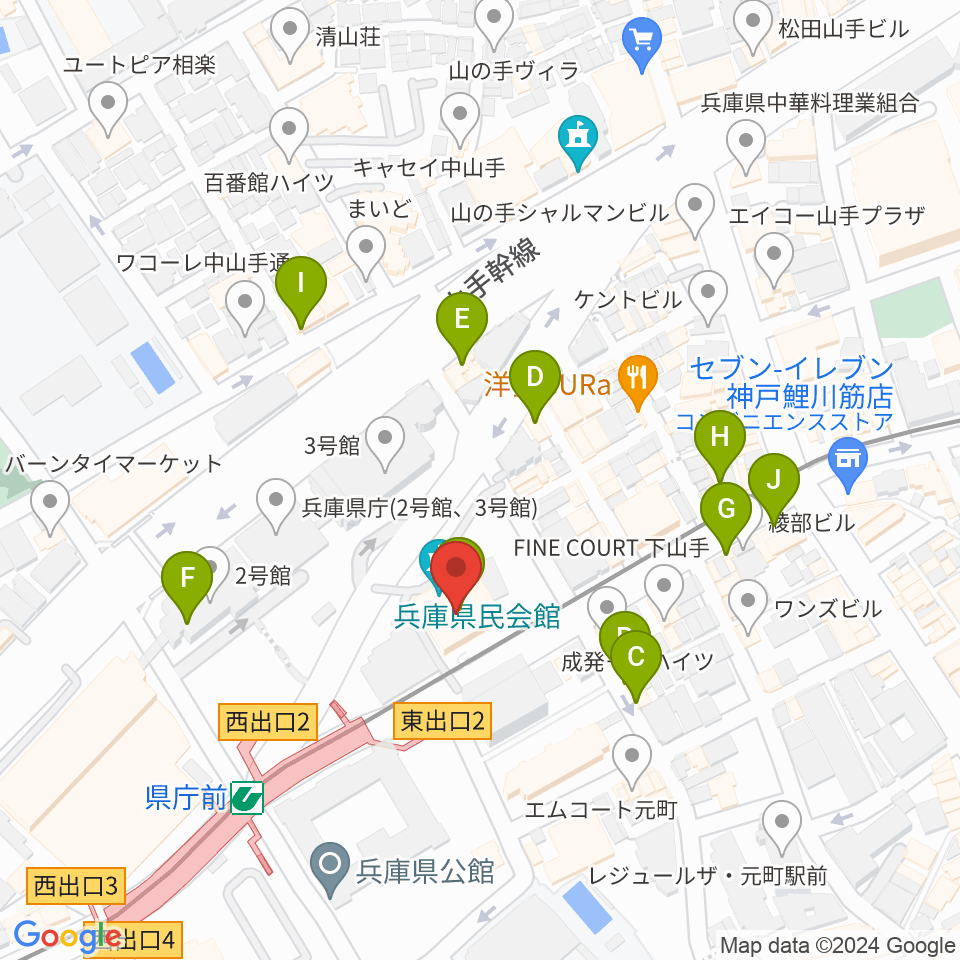 兵庫県民会館周辺のカフェ一覧地図