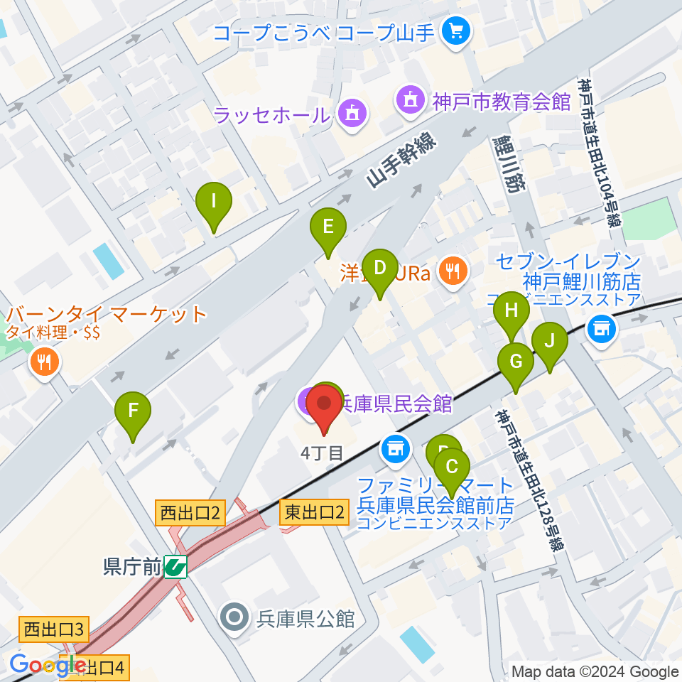 兵庫県民会館周辺のカフェ一覧地図