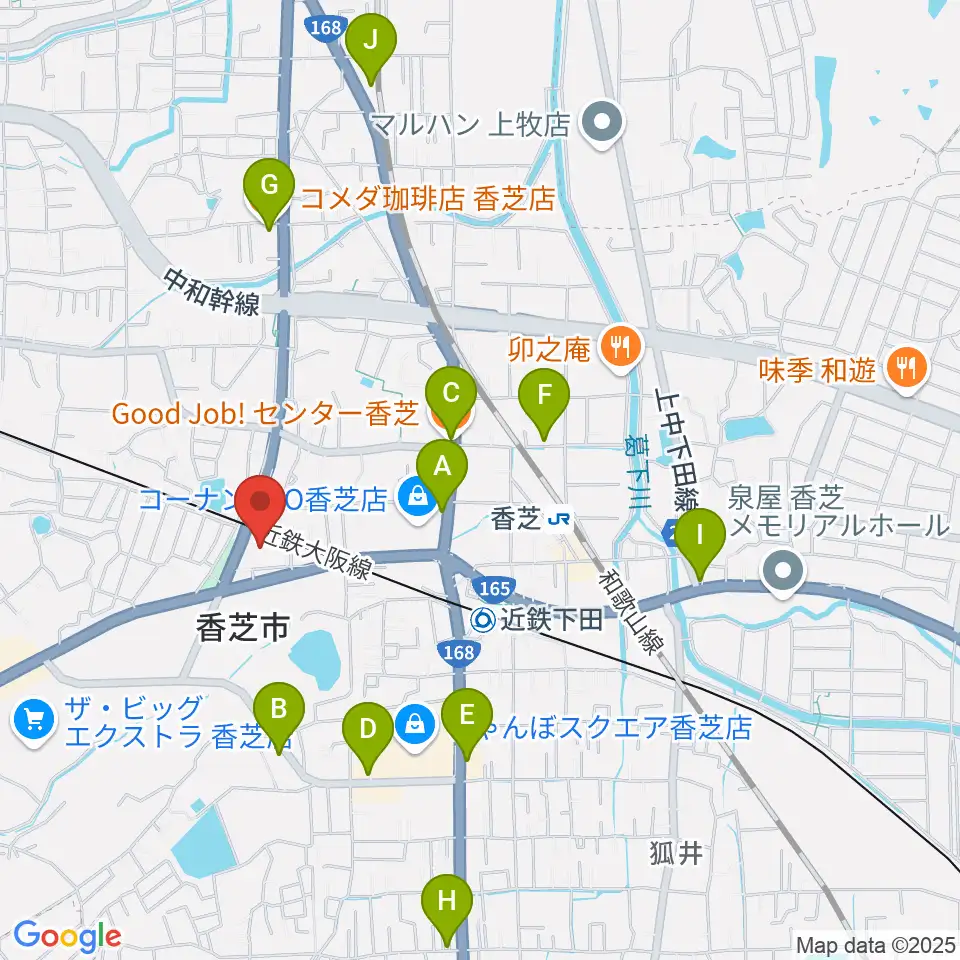 香芝市ふたかみ文化センター周辺のカフェ一覧地図