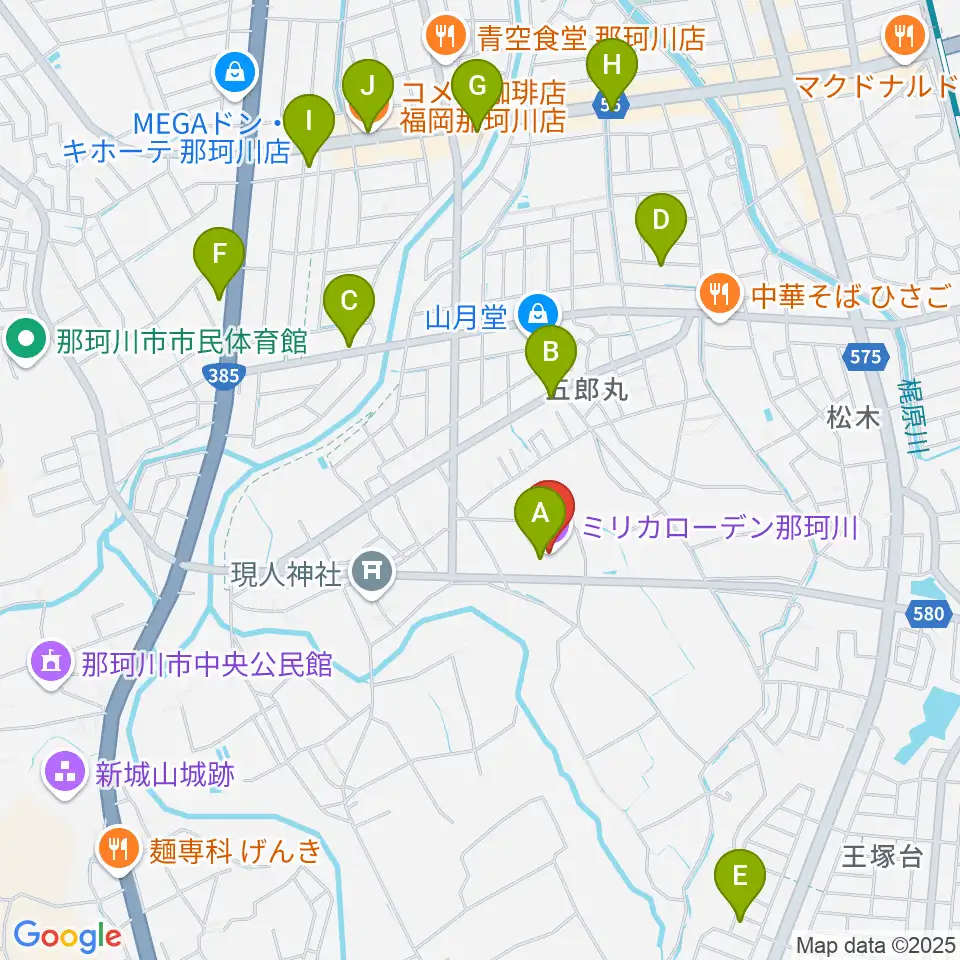 ミリカローデン那珂川周辺のカフェ一覧地図