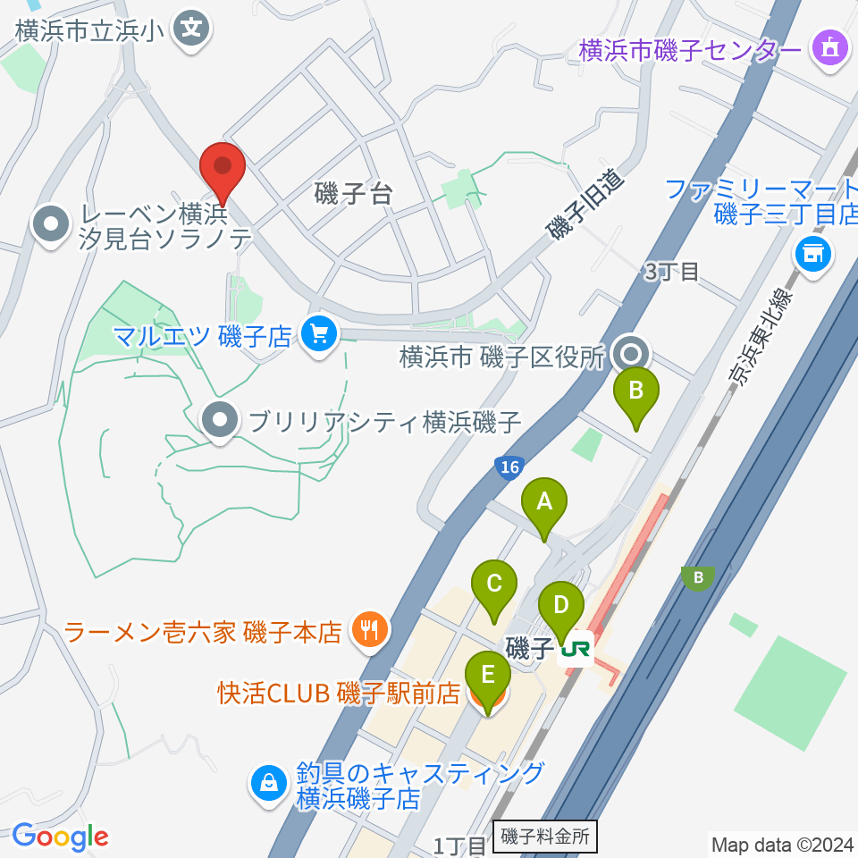 多治川ギタースクール横浜磯子教室周辺のカフェ一覧地図