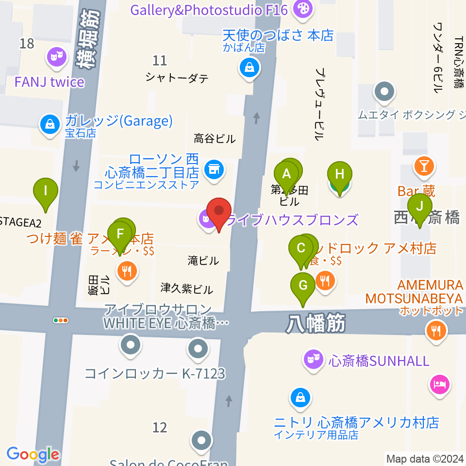 心斎橋BRONZE周辺のカフェ一覧地図