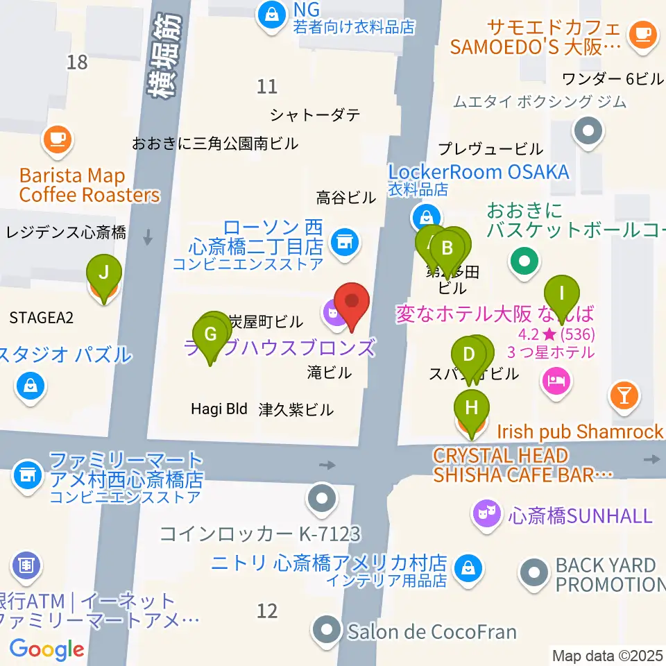心斎橋BRONZE周辺のカフェ一覧地図