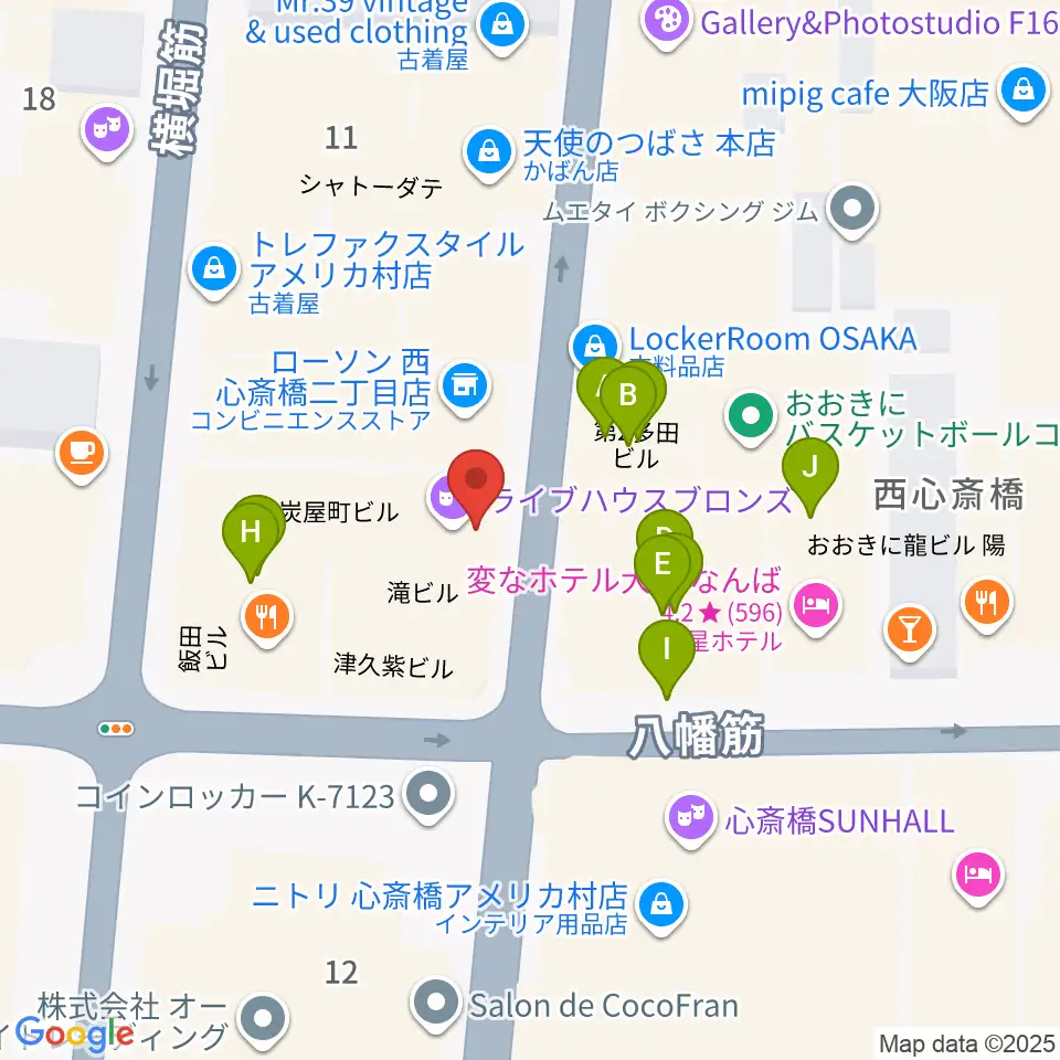 心斎橋BRONZE周辺のカフェ一覧地図