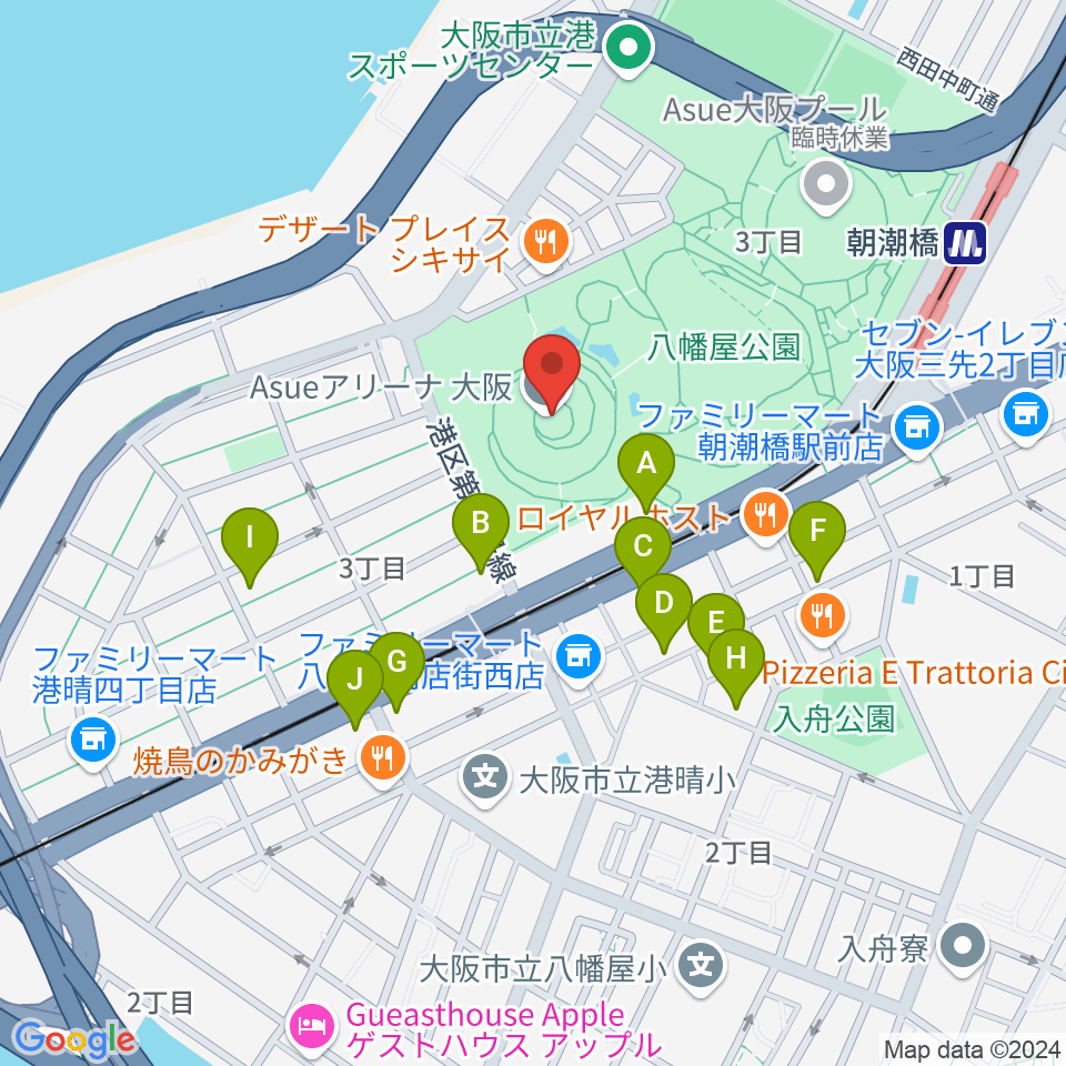 Asueアリーナ大阪周辺のカフェ一覧地図