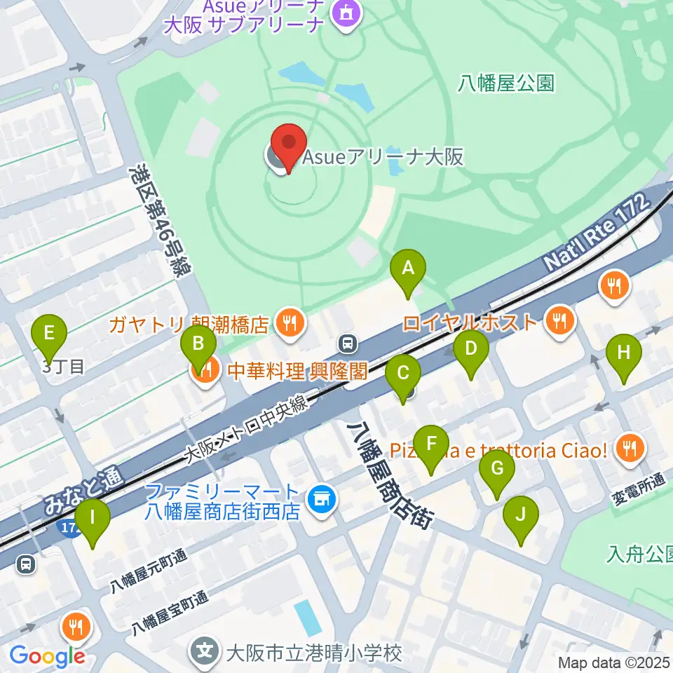 Asueアリーナ大阪周辺のカフェ一覧地図