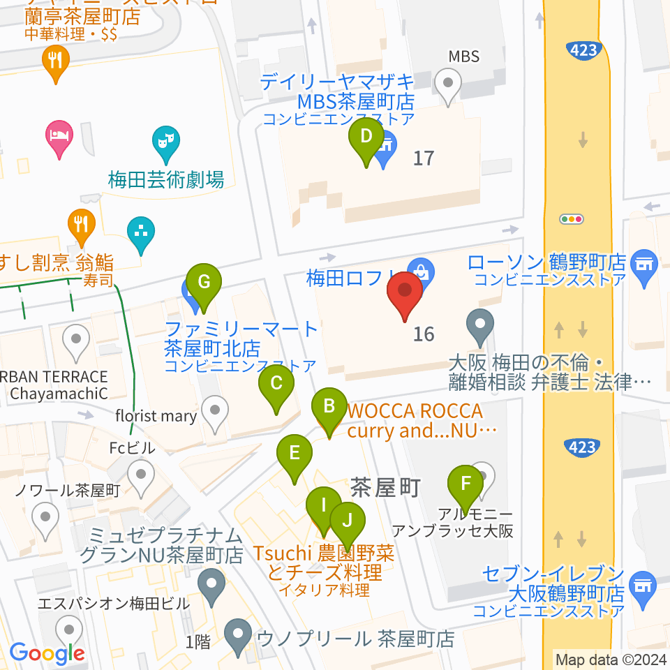 島村楽器 梅田ロフト店周辺のカフェ一覧地図
