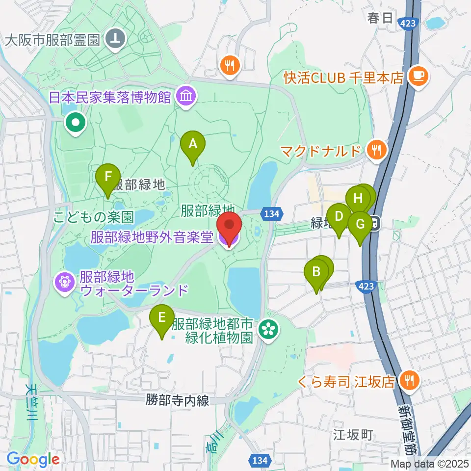服部緑地野外音楽堂周辺のカフェ一覧地図