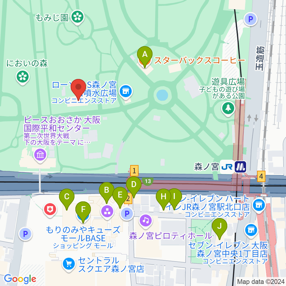 大阪城音楽堂周辺のカフェ一覧地図