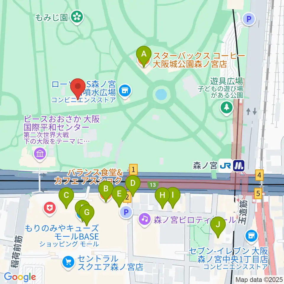 大阪城音楽堂周辺のカフェ一覧地図