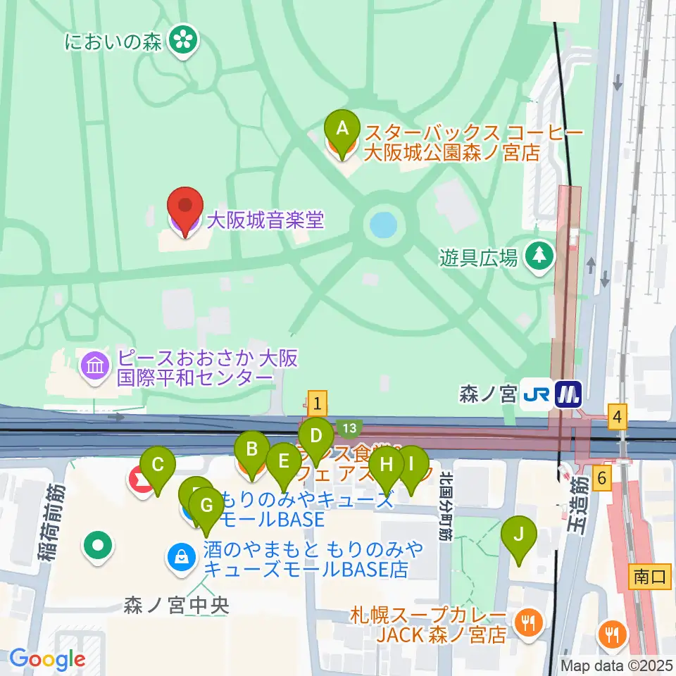 大阪城音楽堂周辺のカフェ一覧地図