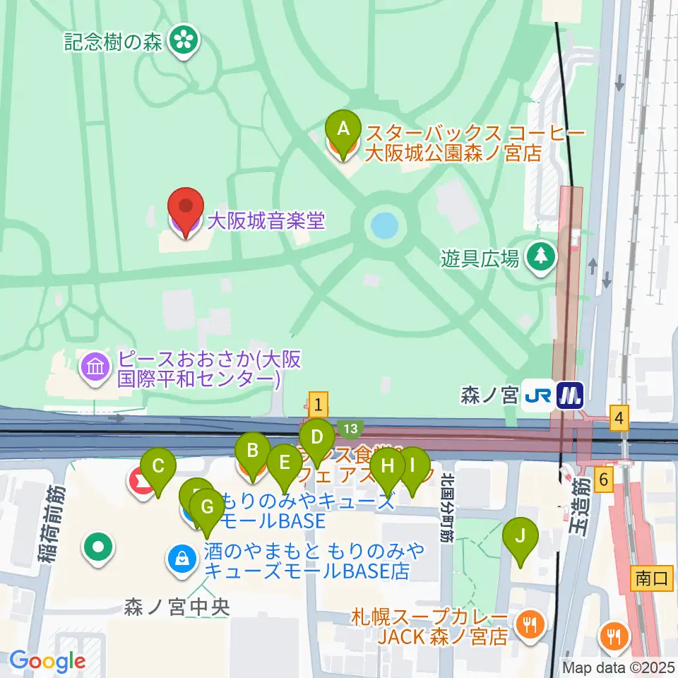 大阪城音楽堂周辺のカフェ一覧地図