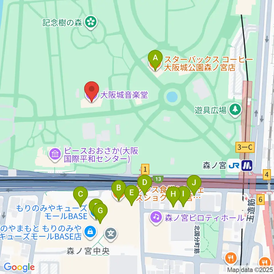 大阪城音楽堂周辺のカフェ一覧地図
