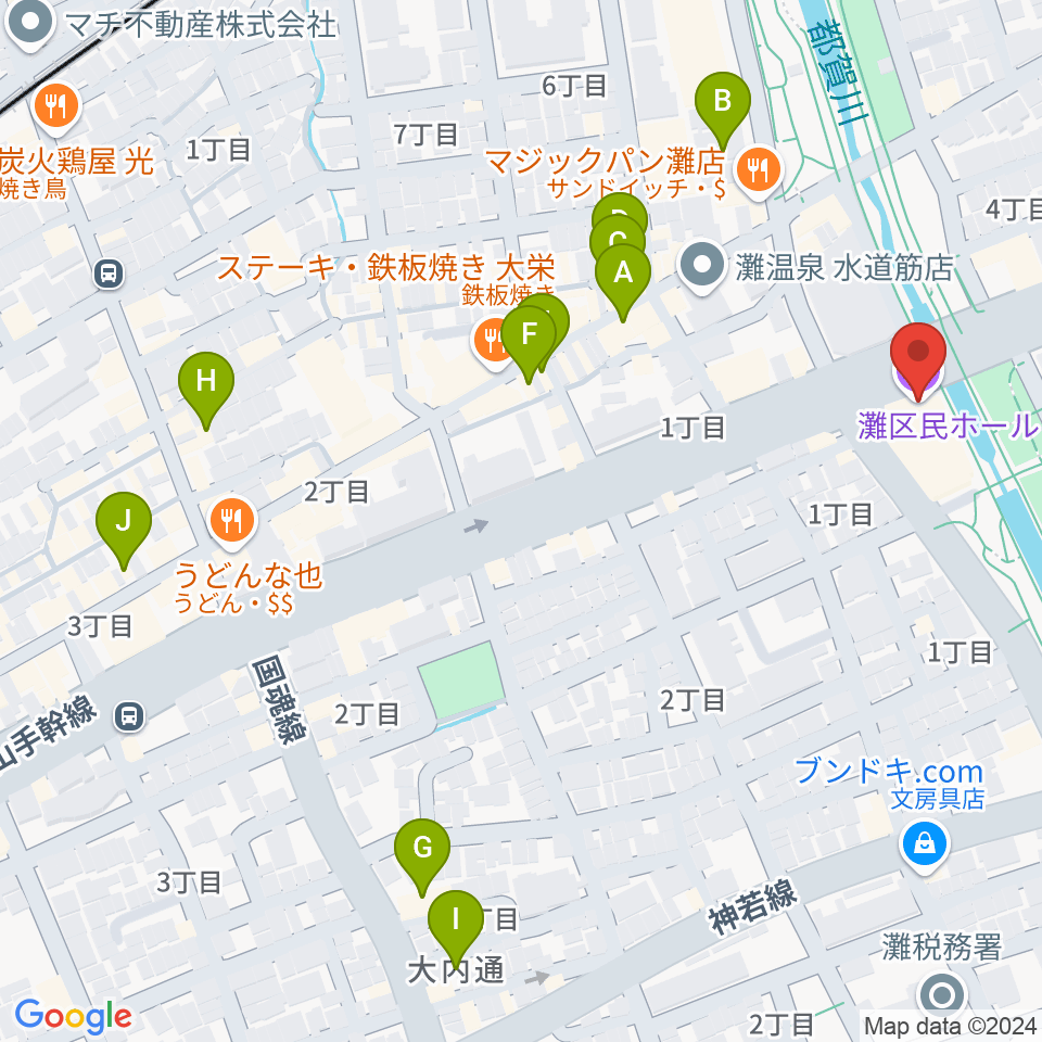 灘区民ホール周辺のカフェ一覧地図