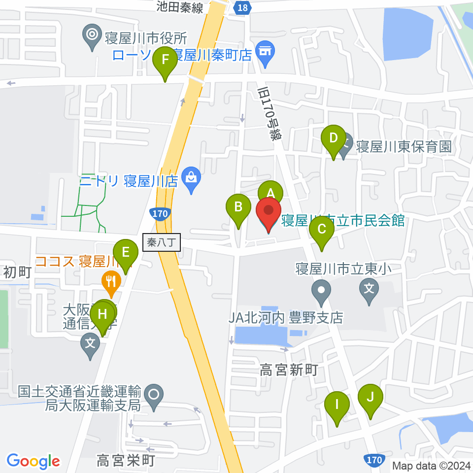 寝屋川市立市民会館周辺のカフェ一覧地図