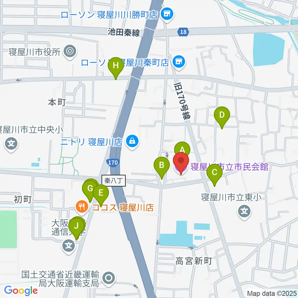 寝屋川市立市民会館周辺のカフェ一覧地図