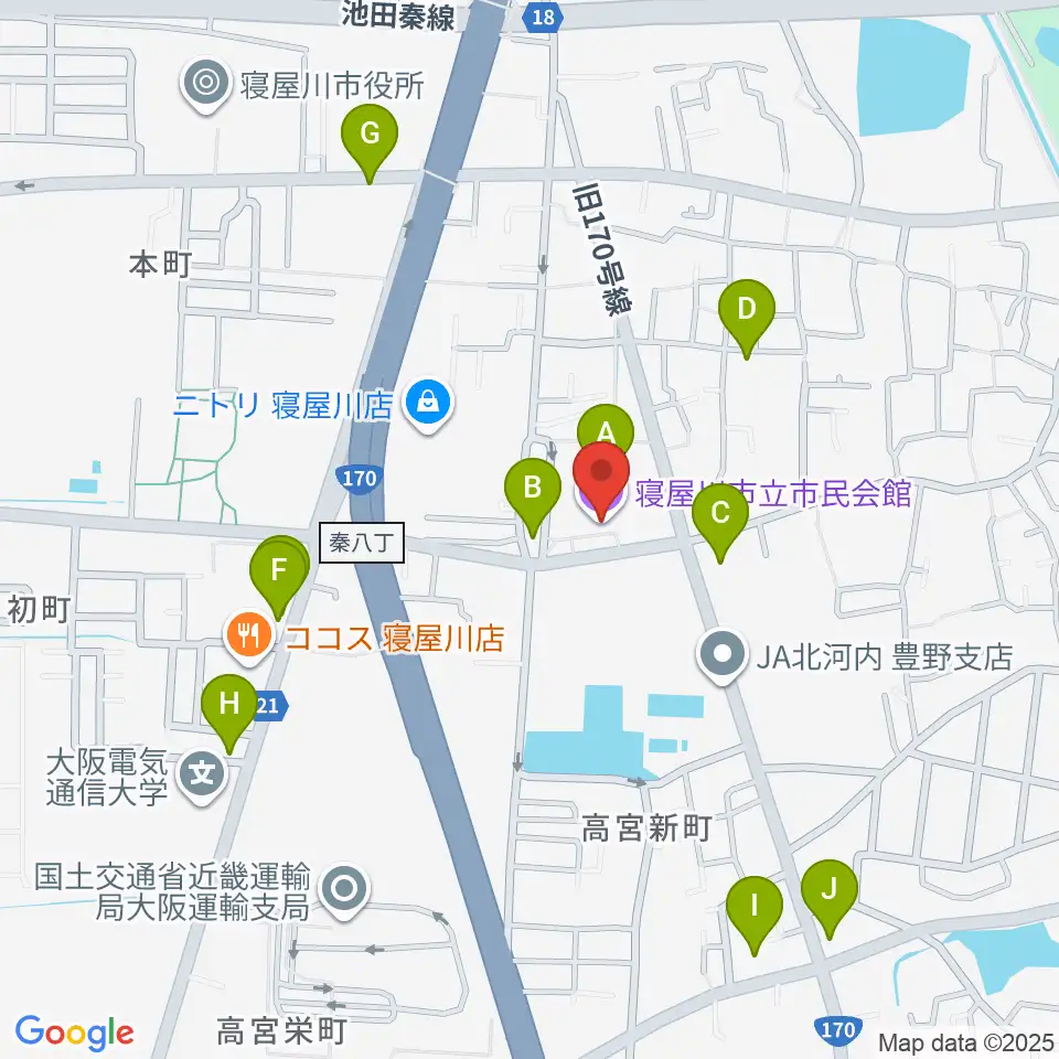 寝屋川市立市民会館周辺のカフェ一覧地図