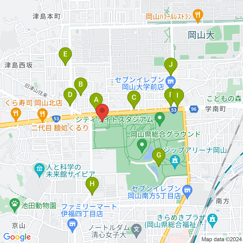 岡山武道館周辺のカフェ一覧地図