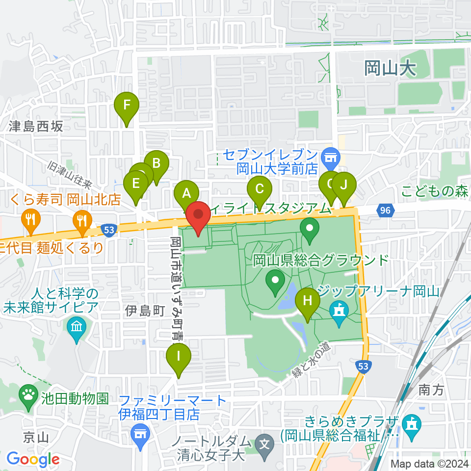 岡山武道館周辺のカフェ一覧地図