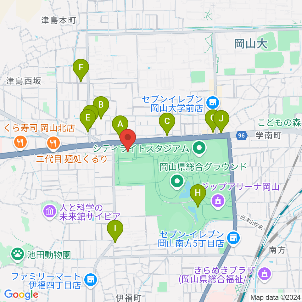 岡山武道館周辺のカフェ一覧地図