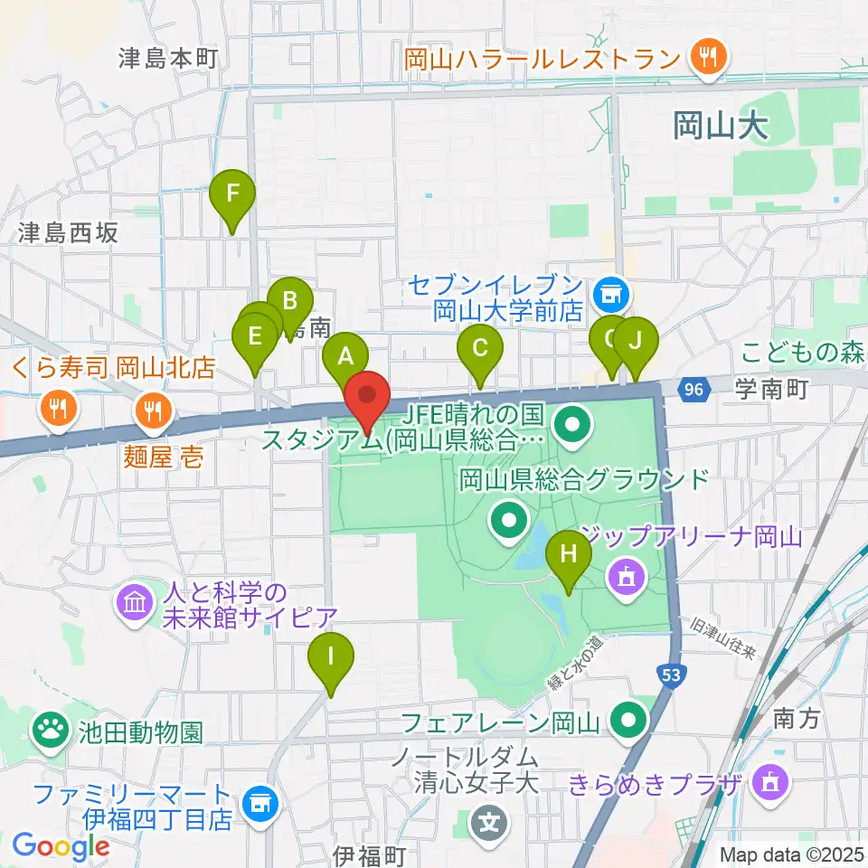 岡山武道館周辺のカフェ一覧地図