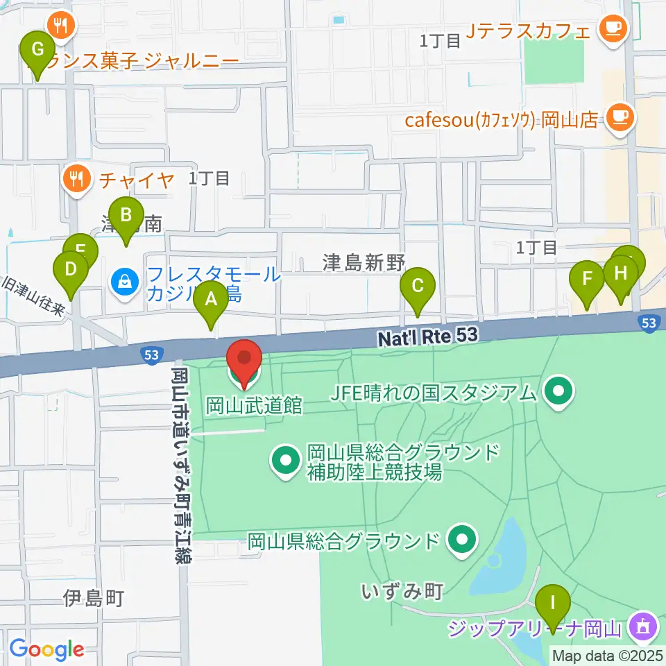 岡山武道館周辺のカフェ一覧地図