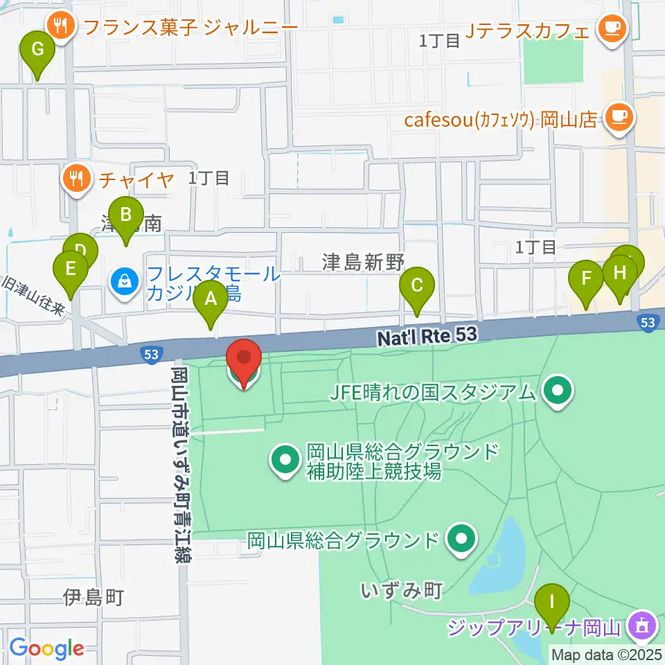 岡山武道館周辺のカフェ一覧地図