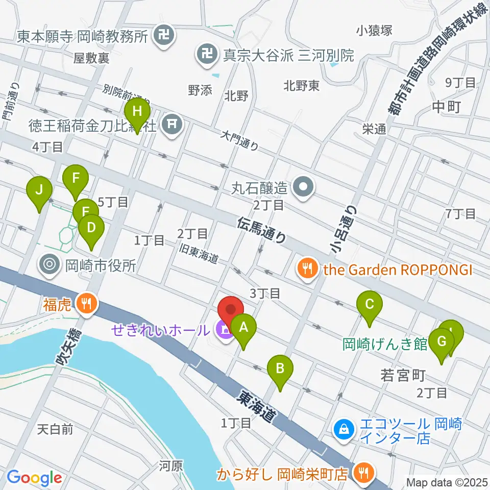 岡崎市せきれいホール周辺のカフェ一覧地図