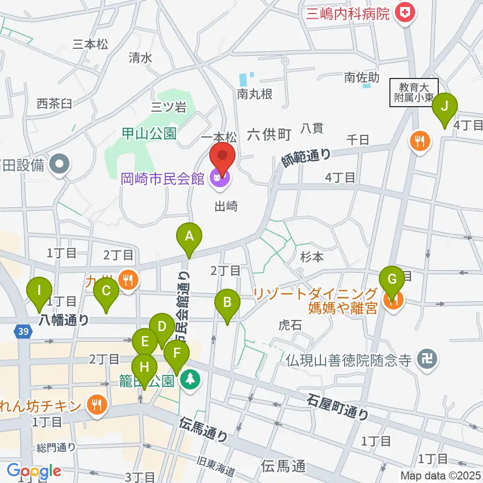 岡崎市民会館 あおいホール周辺のカフェ一覧地図