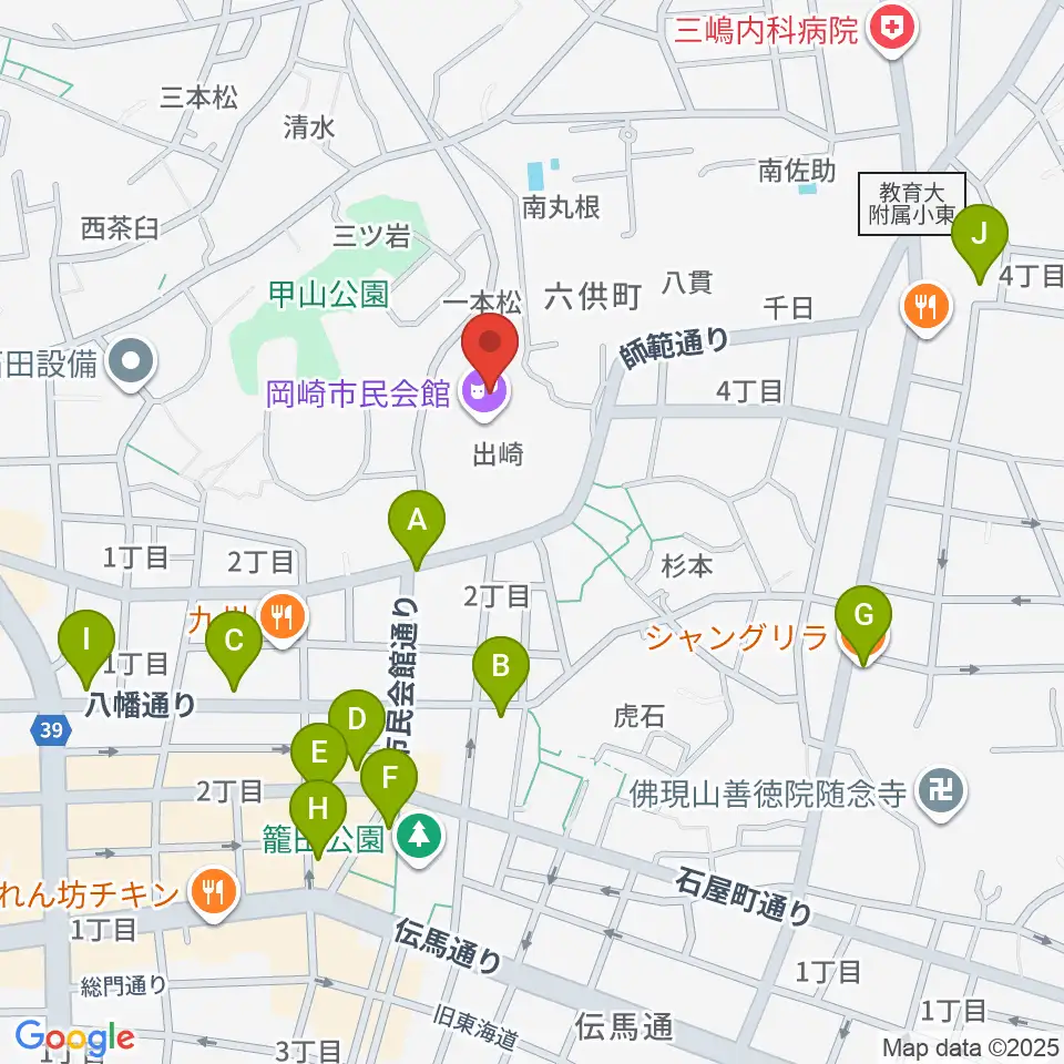 岡崎市民会館 あおいホール周辺のカフェ一覧地図