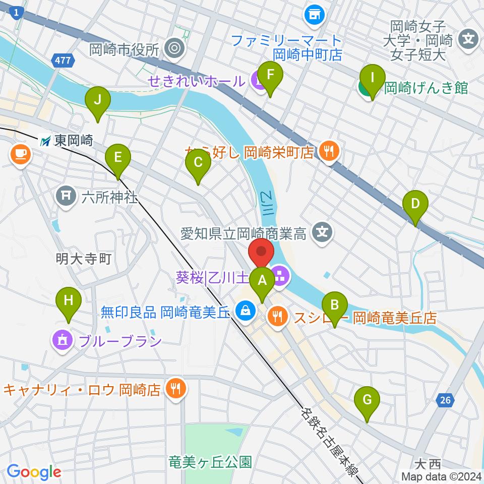 岡崎市竜美丘会館周辺のカフェ一覧地図