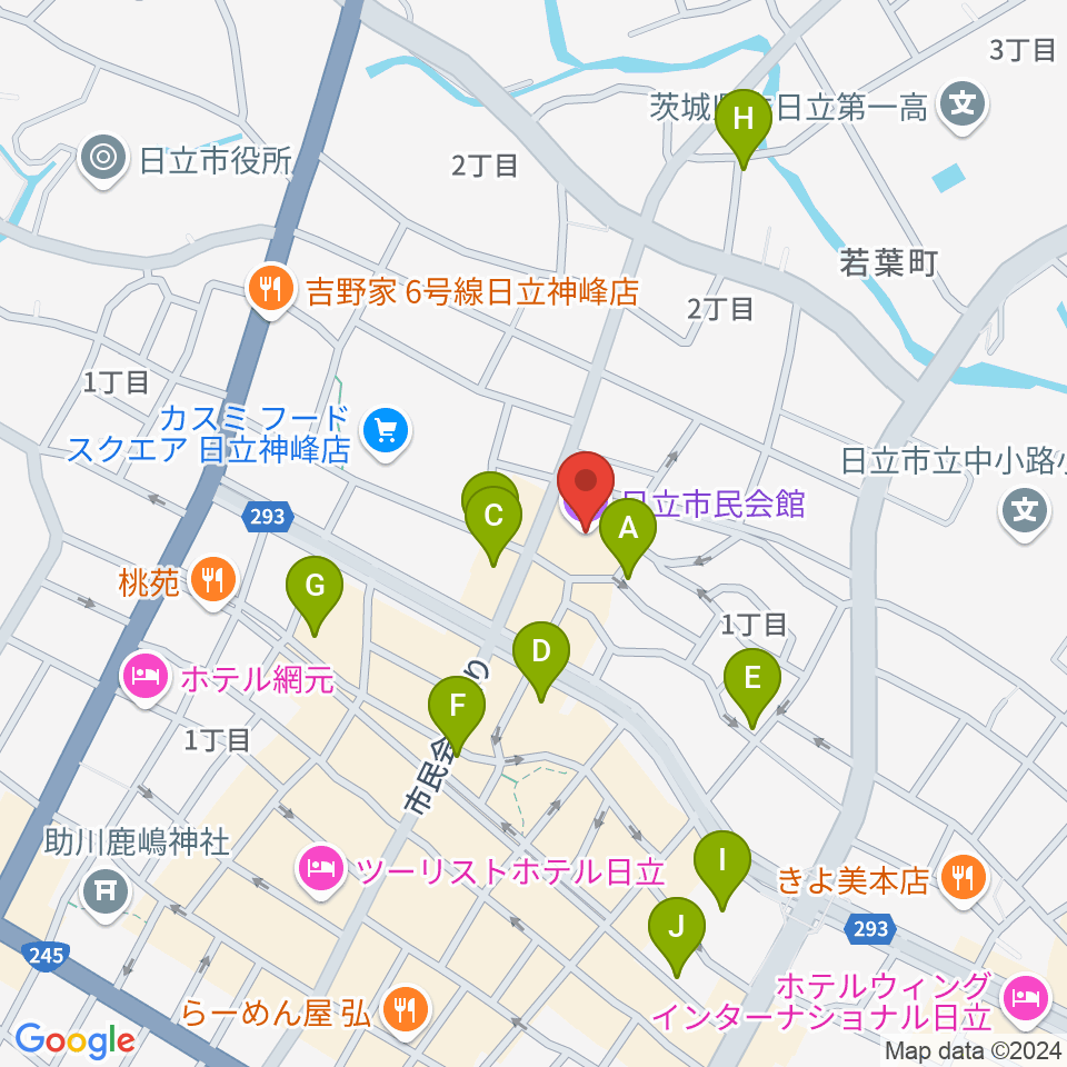 日立市民会館周辺のカフェ一覧地図