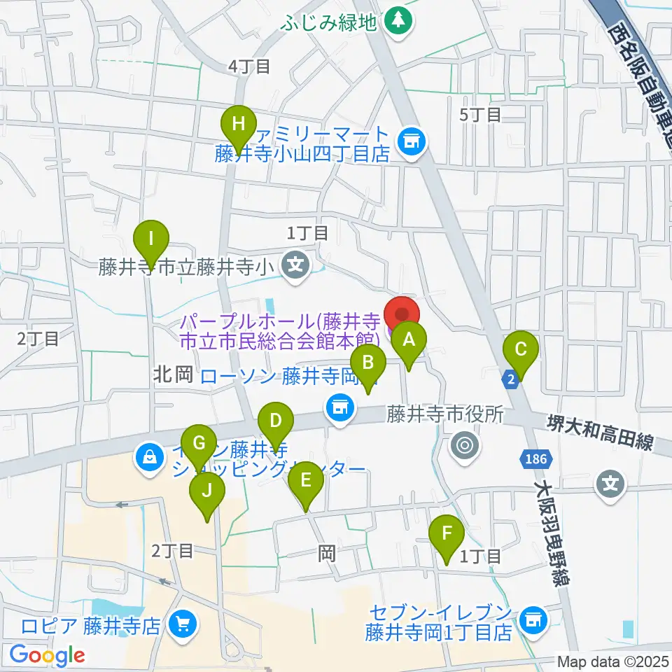 藤井寺市立市民総合会館パープルホール周辺のカフェ一覧地図