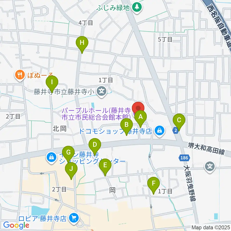 藤井寺市立市民総合会館パープルホール周辺のカフェ一覧地図