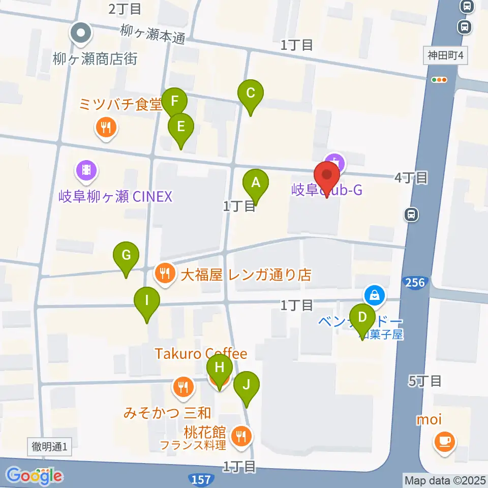 岐阜club-G周辺のカフェ一覧地図