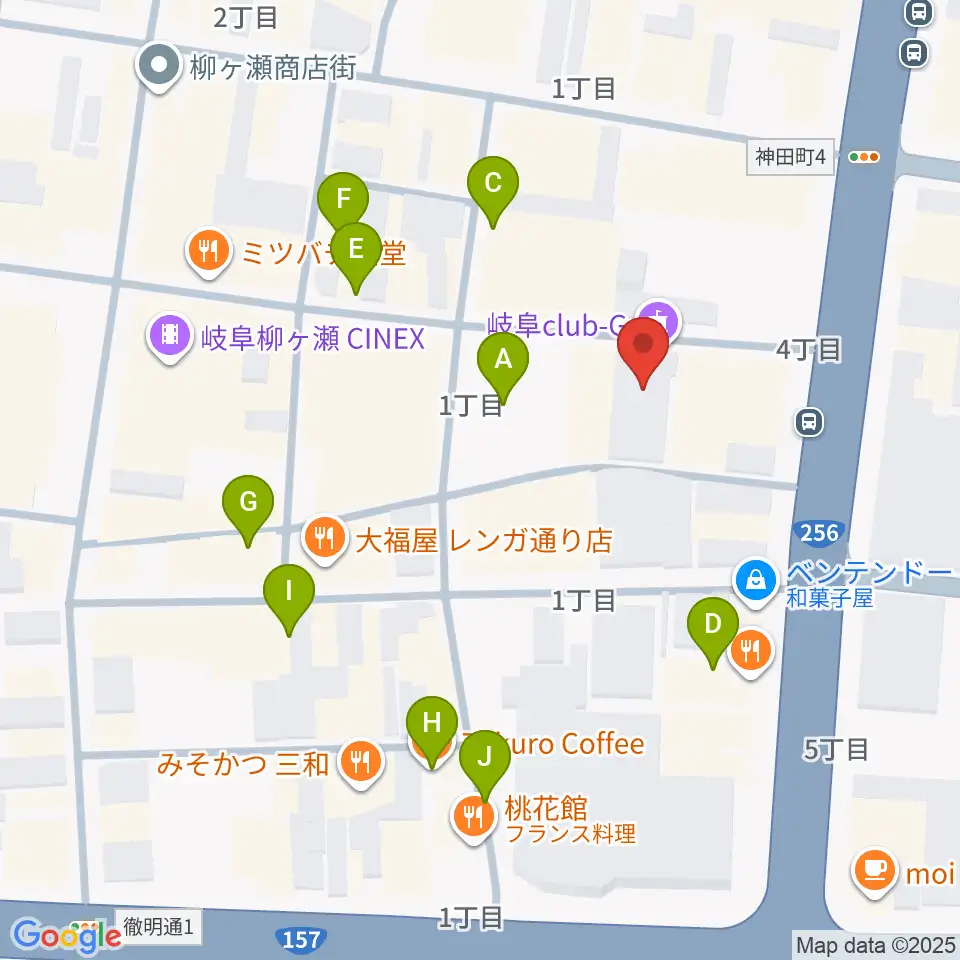 岐阜club-G周辺のカフェ一覧地図