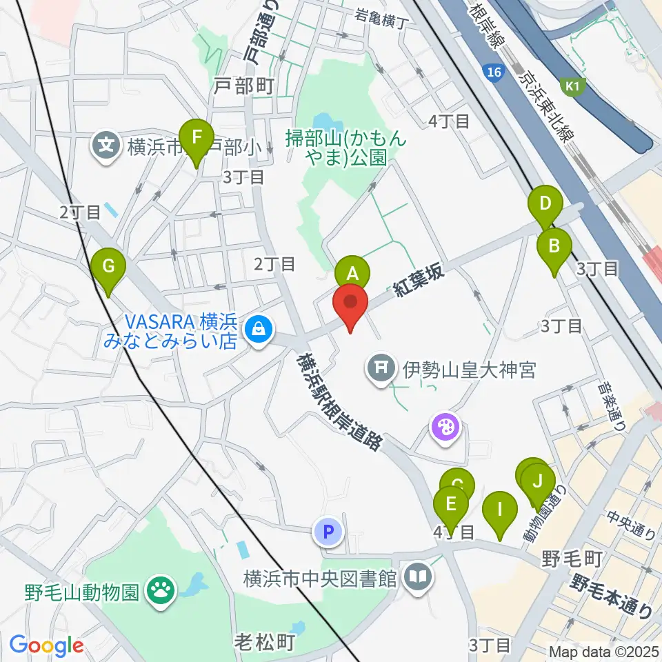 横浜市教育会館周辺のカフェ一覧地図