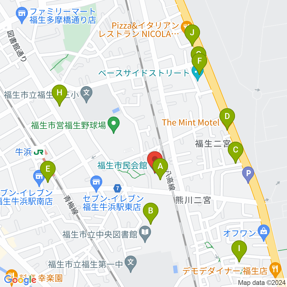 福生市民会館周辺のカフェ一覧地図