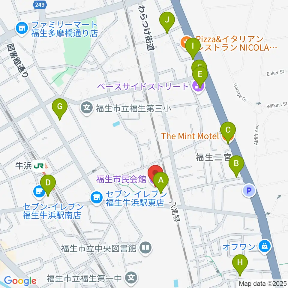 福生市民会館周辺のカフェ一覧地図