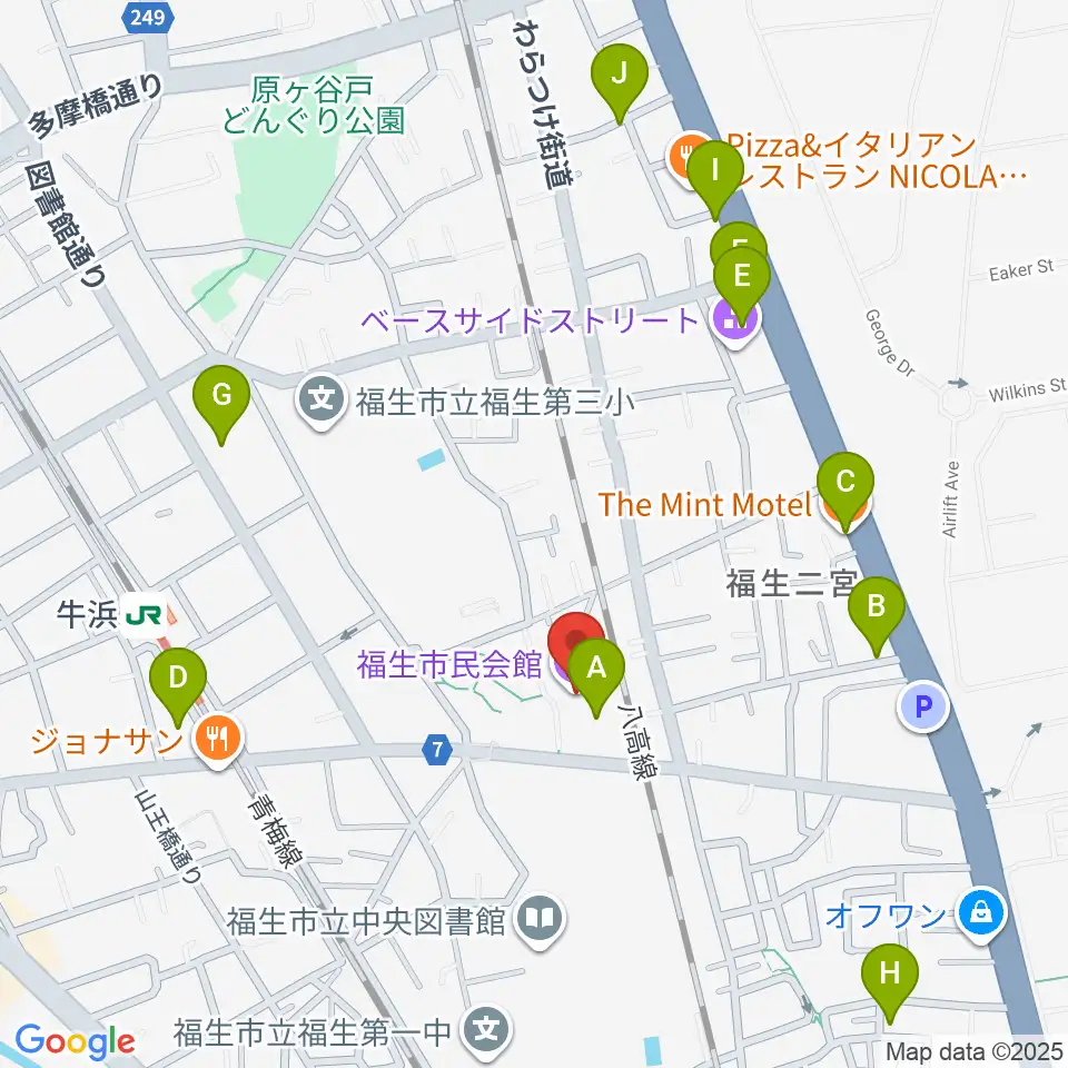福生市民会館周辺のカフェ一覧地図