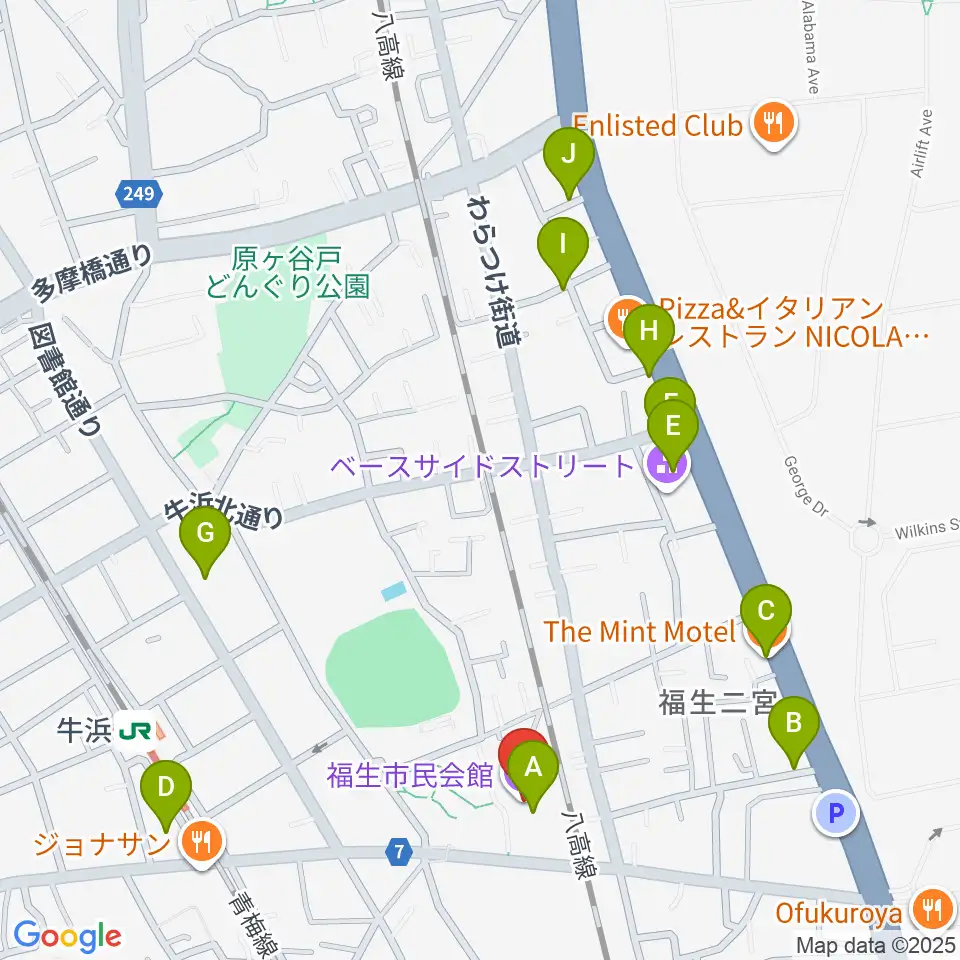 福生市民会館周辺のカフェ一覧地図