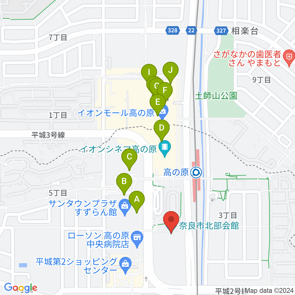 奈良市北部会館 市民文化ホール周辺のカフェ一覧地図
