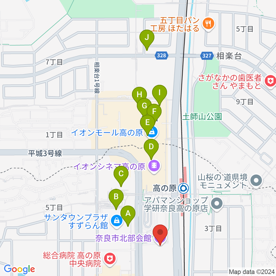 奈良市北部会館 市民文化ホール周辺のカフェ一覧地図